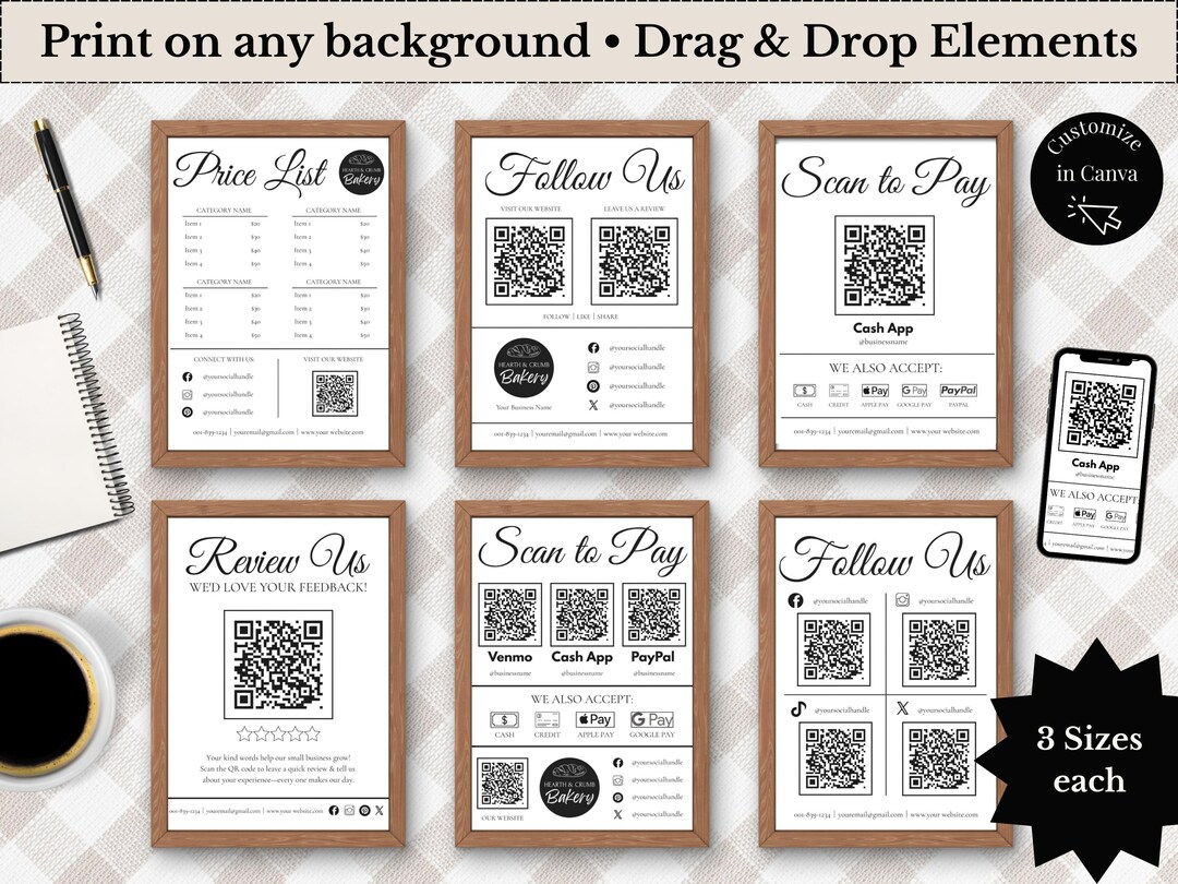Qr Code Sign Bundle Vintage QR Code Sign Bundle: Scan to Pay, Social Media, Price List ...