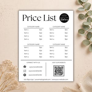 May include: A black and white price list for Hearth & Crumb Bakery. The document includes sections for category names and item prices, with prices ranging from $20 to $50. Social media handles and a website address are also listed.