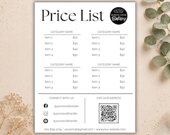 Boho Price List Template: QR Code Small Business Pricing (Canva Editable, Digital Download)