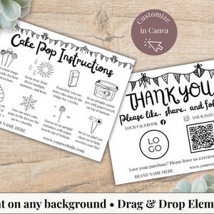 Editable Cake Pop Care Card & Thank You Card: Bakery Packaging Canva Template (Instant Download)