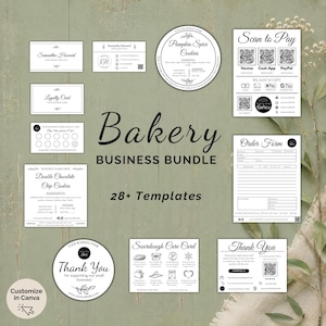 Puede incluir: Una colección de plantillas comerciales de panadería en blanco y negro. Incluye tarjetas de visita, tarjetas de fidelidad, etiquetas de galletas, formularios de pedido y tarjetas de agradecimiento. También se ve el texto "Bakery Business Bundle" y "28+ Templates".