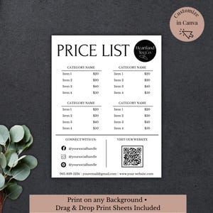 May include: A white price list with black text, featuring the words "PRICE LIST" at the top. The list includes item categories and prices. The document also includes social media handles, a QR code, and the text "Print on any Background • Drag & Drop Print Sheets Included."