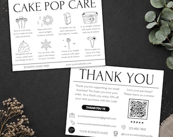 Minimalist Cake Pop Care Card and Thank You Card (Canva Editable, Digital Download)