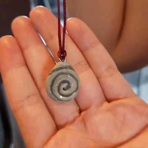 Boho Spiral Polymer Clay Necklace: Gray Swirl Pendant, Black Cord