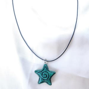 Handmade Clay Star Necklace: Green Spiral Pendant, Boho Style