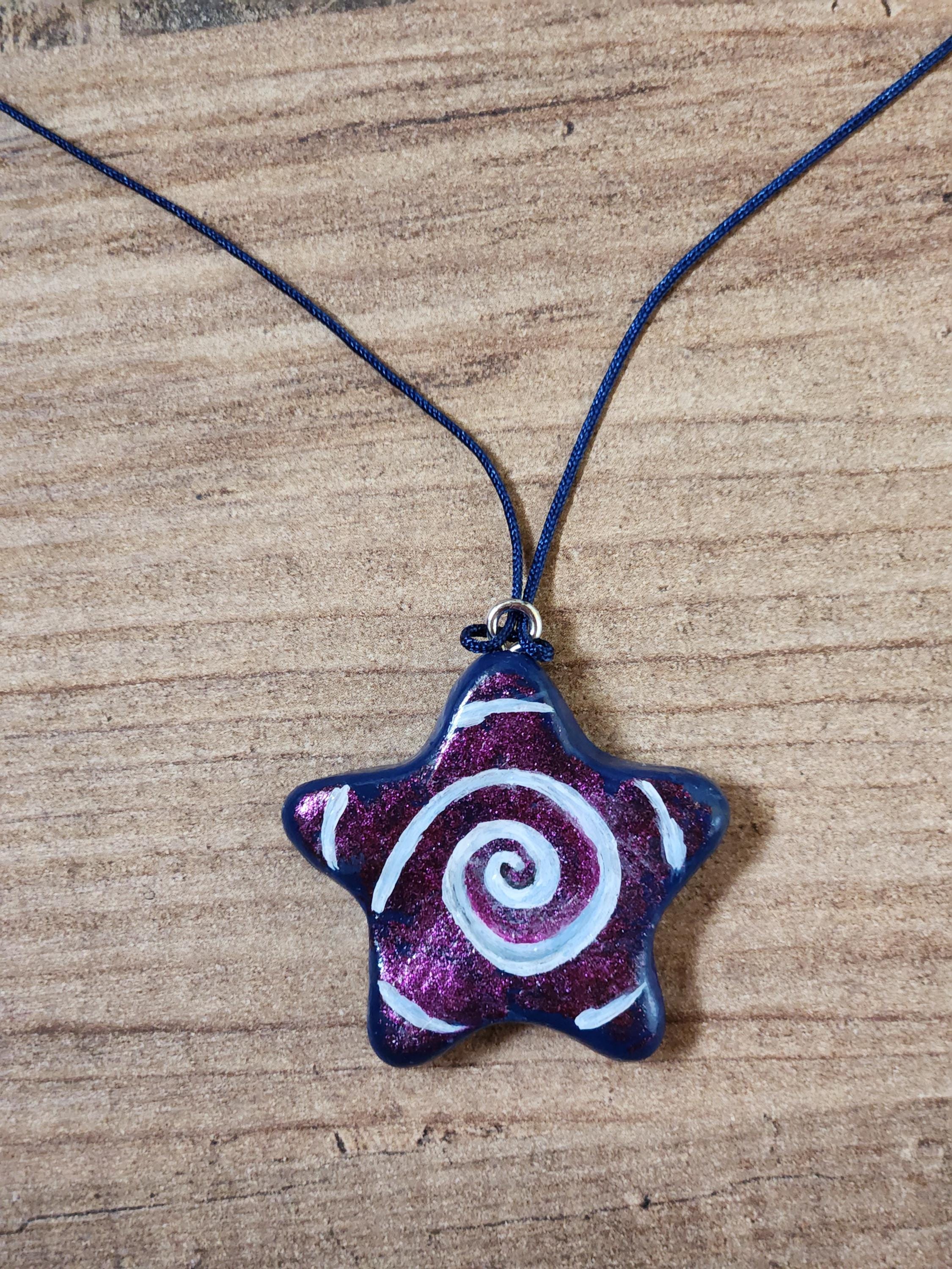 Spiral Star Necklace Handmade Clay Purple Star Jewelry Boho