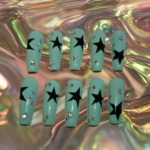 Y2K Star Press On Nails: Long Green Coffin Style