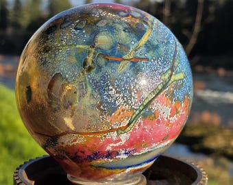 Hand Blown Glass Orb Garden Art, Abstract Swirls, Yard Decor Globe
