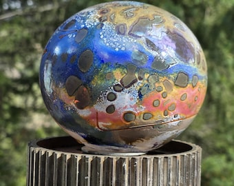 Hand Blown Glass Garden Art Orb, Colorful Yard Sculpture
