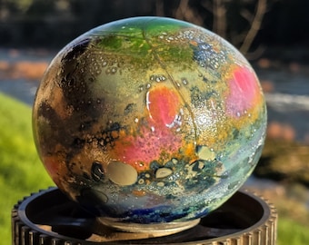 Hand-Blown Glass Orb Garden Art, Abstract Swirls, Yard Decor Globe