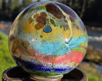 Hand Blown Glass Globe Garden Art Orb, Colorful Yard Sculpture