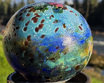 Hand Blown Glass Orb, Colorful Abstract Yard Art Sculpture