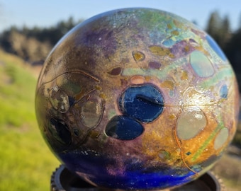 Hand Blown Glass Garden Orb, Colorful Yard Art Sculpture (5.5 inch wide)