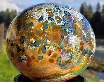 Hand Blown Glass Orb Sculpture, Colorful Abstract Garden Art Globe