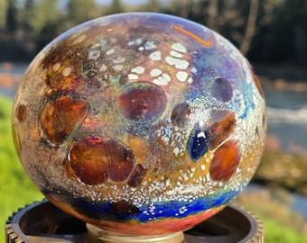 Glassballoon, outdoor colorful, hand blown glass globe, yard art, glass ball, garden art orb, yard sculpture