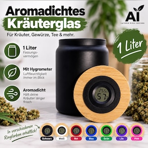Könnte beinhalten: Ein mattschwarzes zylindrisches Vorratsglas mit Bambusdeckel und integriertem digitalem Hygrometer. Der Text lautet Aromadichtes Kräuterglas, 1 Liter, und nennt Merkmale wie Aromadichtheit und Feuchtigkeitsüberwachung. Sieben Ringfarben sind abgebildet.