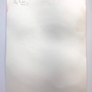 May include: A white sheet of paper with a pink watercolor stain and a handwritten signature that says "Liz Ware 2021".