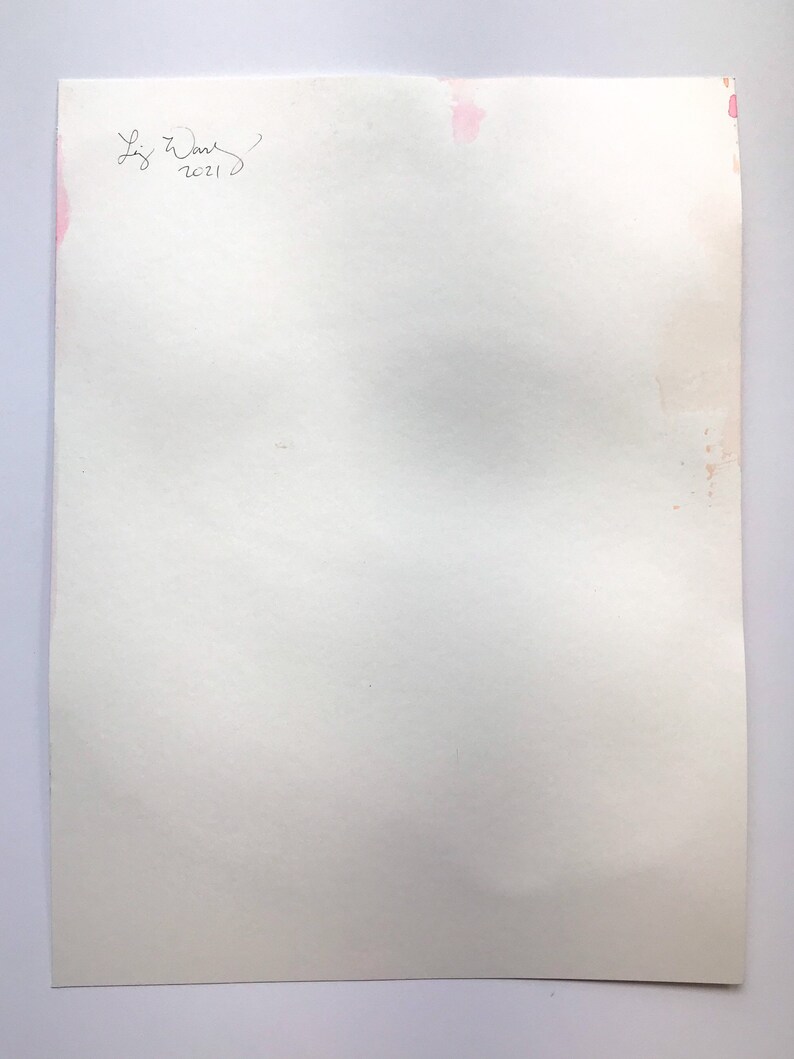 May include: A white sheet of paper with a pink watercolor stain and a handwritten signature that says "Liz Ware 2021".