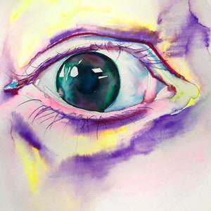 May include: A close-up watercolor painting of a single eye. The eye is green with a dark purple iris and a white sclera. The eye is surrounded by pink and purple watercolor washes.