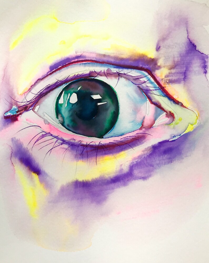 May include: A close-up watercolor painting of a single eye. The eye is green with a dark purple iris and a white sclera. The eye is surrounded by pink and purple watercolor washes.