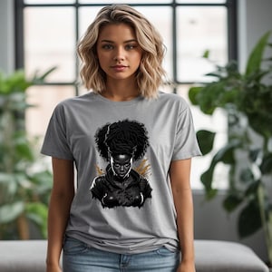 Afro Warrior Queen T-Shirt, Fierce Monochrome Portrait for Bold Women, Streetwear Style, Unisex Fit