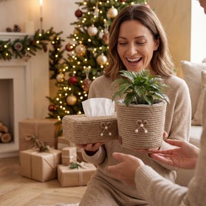 May include: A rectangular tissue box cover and a cylindrical plant pot, both crafted from natural tan jute rope. Each item features a small decorative bow made of the same rope, accented with two white beads centred on the front of the objects.