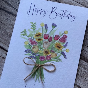 Cartão de feliz aniversário personalizado - buquê em aquarela com laço de barbante.