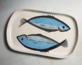 Handmade Pottery Ceramic Plate, Hand Painted Fish, Summer Decor Plate, Marine Theme Ceramic Dish