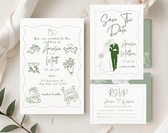 Whimsical Wedding Invitation Template Set, Editable Canva Suite (Digital Download)