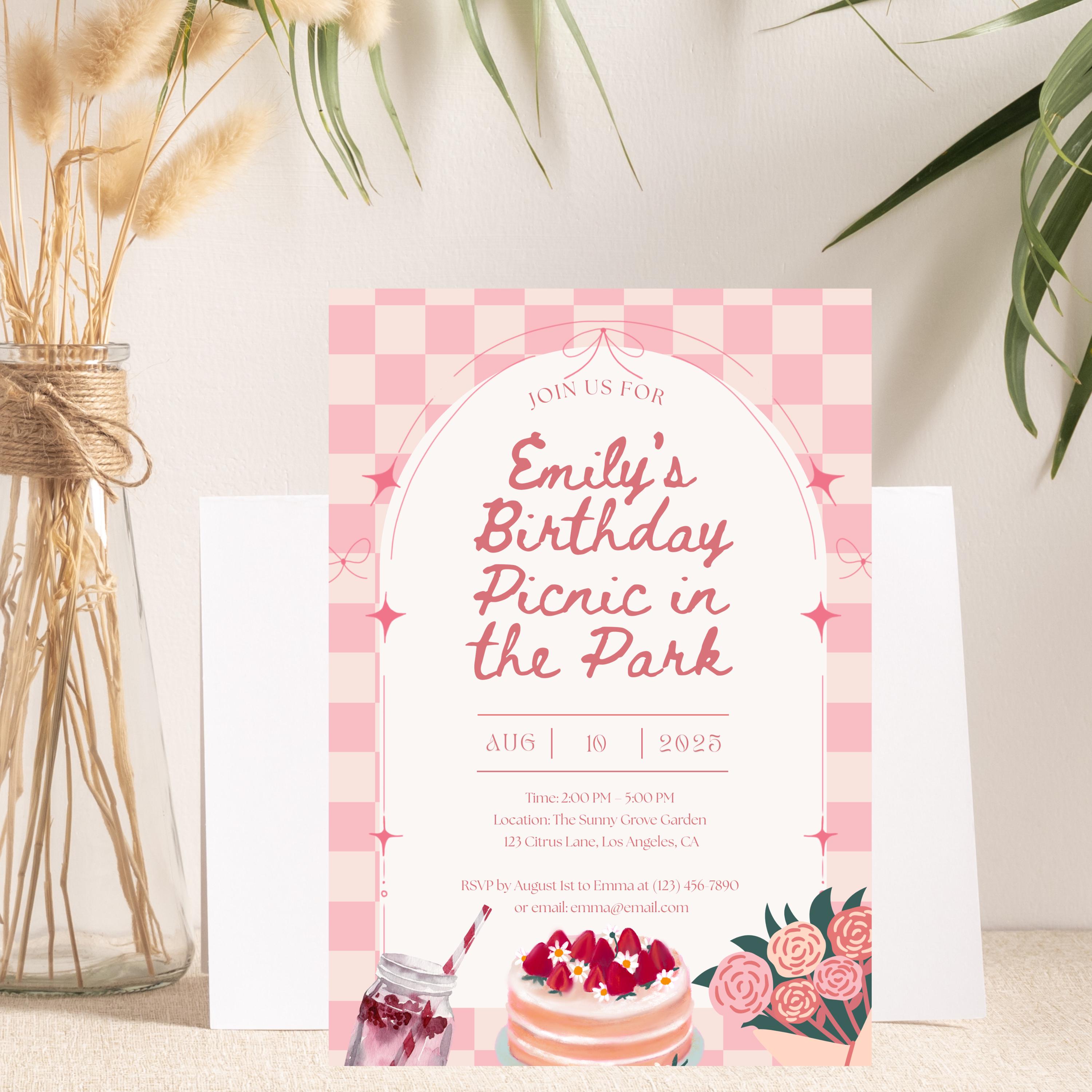 Invite Theme Picnic Birthday Invitation Girl, Summer Birthday Party Invite, Picnic ...