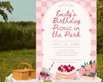 Picnic Birthday Invitation Girl, Summer Birthday Party Invite, Picnic in the Park, Editable Picnic Theme Invite, Pink Summer Picnic Invite