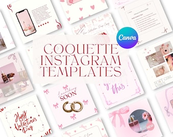 Coquette Instagram Post Templates, Pink Bows, Hearts (Canva)