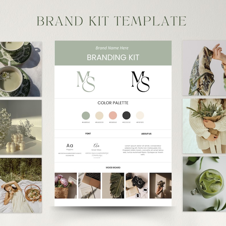 Minimalist Branding Kit template displayed on a laptop screen. Includes logo variations, color palette, typography, and mood board, all editable in Canva.