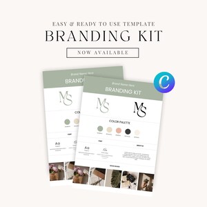 Minimalist Branding Kit template displayed on a laptop screen. Includes logo variations, color palette, typography, and mood board, all editable in Canva.