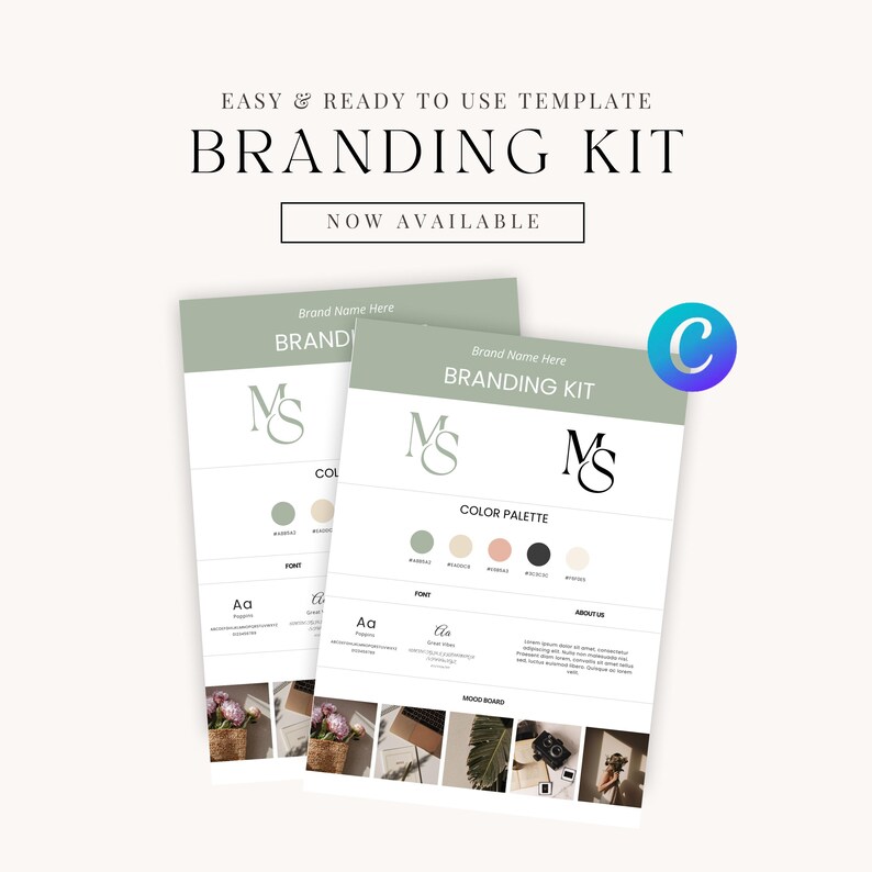 Minimalist Branding Kit template displayed on a laptop screen. Includes logo variations, color palette, typography, and mood board, all editable in Canva.