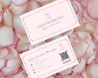 Coquette Business Card Template, Pink Cherry Design (Editable Canva Template)