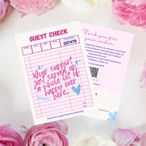 May include: Two pink and white guest check cards with text. One says "GUEST CHECK" and has a check number. The other says "Thank you for your order". Both cards have handwritten style text and a floral design.