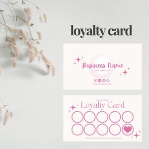 Modelo de cartão de fidelidade, cartão de recompensas para pequenas empresas, cartão de fidelidade Canva editável, opções rosa, azul e neutra, cartão de cliente para impressão