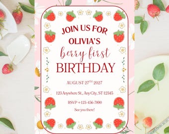 Berry First Birthday Invitation: Strawberry Theme, Editable Template (Digital Download)