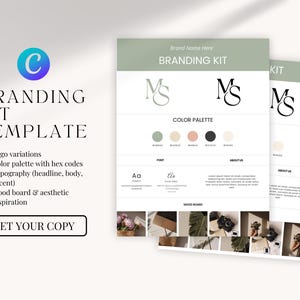 Minimalist Branding Kit template displayed on a laptop screen. Includes logo variations, color palette, typography, and mood board, all editable in Canva.