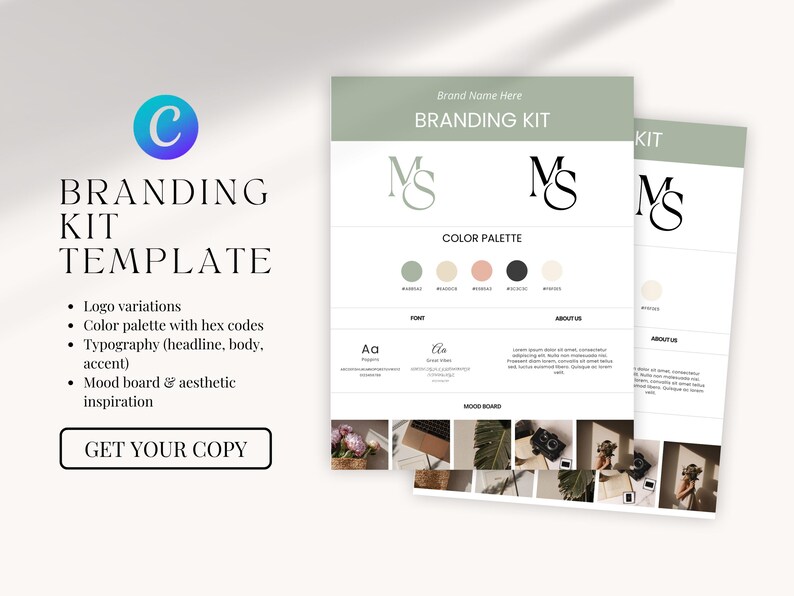 Minimalist Branding Kit template displayed on a laptop screen. Includes logo variations, color palette, typography, and mood board, all editable in Canva.