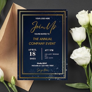 Blue Business Invitation Canva Template, Corporate Annual Event Dinner Party Anniversary, Office Printable Elegant Invite, Instant Download