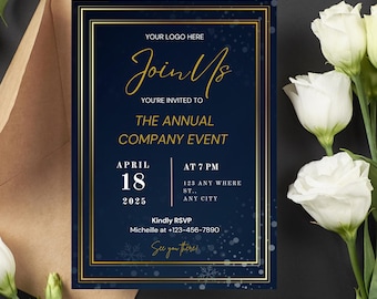May include: A blue and gold invitation card with a snowflake design. The text reads "Join Us" and "The Annual Company Event". The date is April 18, 2025, and the time is 7 PM. The address is 123 Any Where St., Any City. The RSVP information is "Kindly RSVP Michelle at +123-456-7890".
