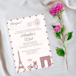Paris Birthday Invitation Template, Postcard Style Invite, French Theme Birthday Party, Editable Canva Template, Paris Eiffel Tower Invite