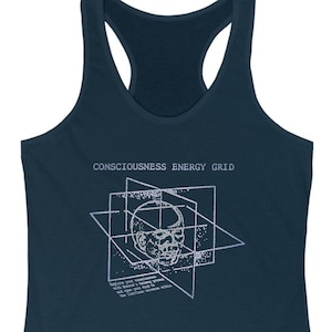 May include: A navy blue tank top with a white graphic of a human head inside a grid with the text "CONSCIOUSNESS ENERGY GRID".