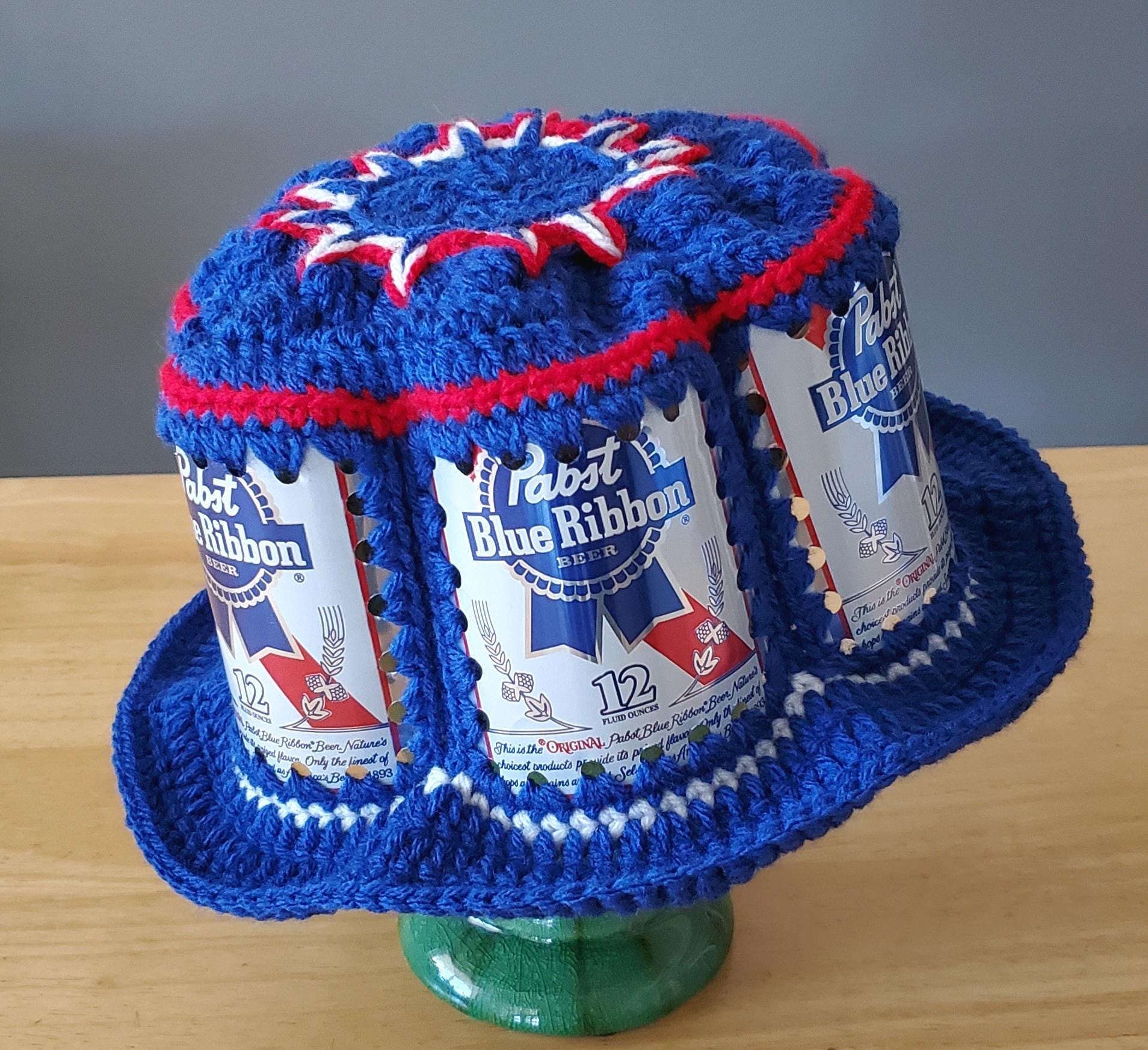 Crocheted Beer Can Hat - Pabst Blue Ribbon - Etsy