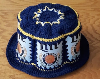 Crocheted Beer Can Hat - Miller Lite in Brewers Navy Blue and Yellow