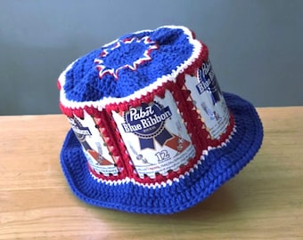 Crocheted Beer Can Hat - Red White and Blue Pabst Blue Ribbon