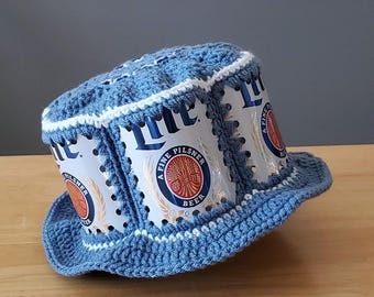 Crocheted Beer Can Hat - Miller Lite in Faded Denim