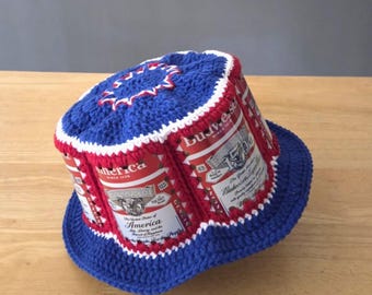 Crocheted Beer Can Hat - Red White and Blue 2026 Budweiser Special Edition